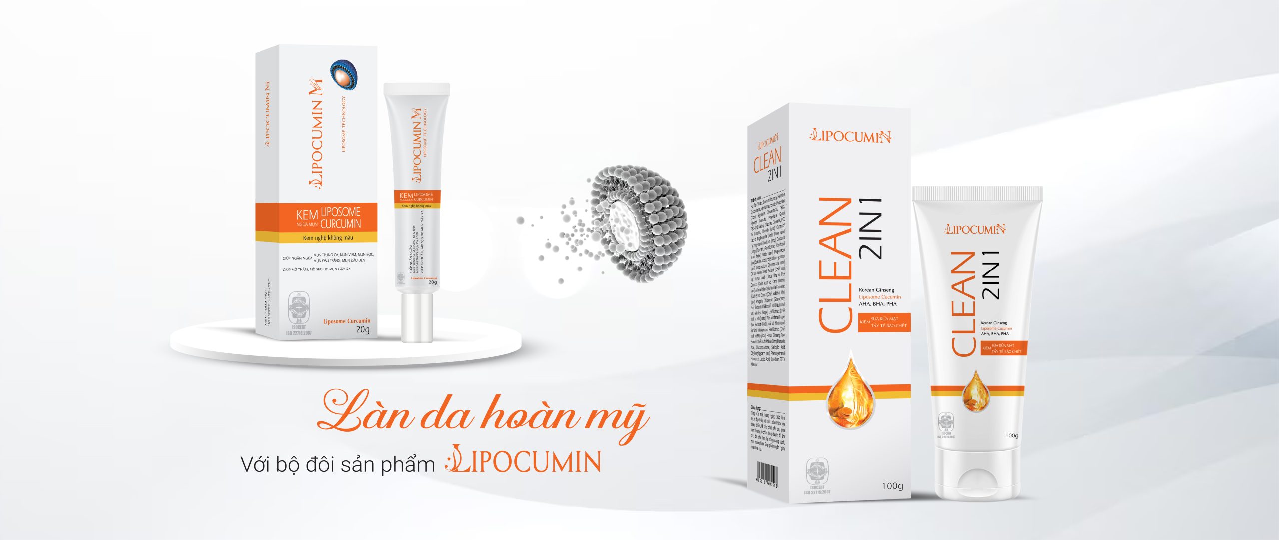 Bộ đôi sản phẩm Kem nghệ không màu trị mụn LIPOCUMIN và Sữa rửa mặt kiêm tẩy tế bào chết LIPOCUMIN CLEAN 2IN1 ứng dụng công nghệ Liposome cao cấp